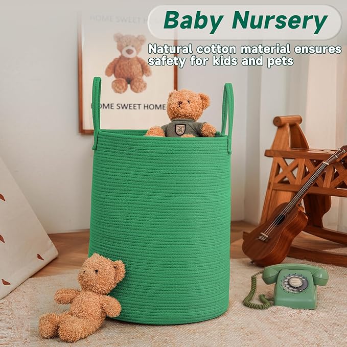 Large Woven Laundry Basket Hamper,80L Cotton Rope Storage Bin for Blankets,Toys and Clothes,Decorative Tall Nursery Hamper for Living Room,Baby Nursery,Bathroom and Bedroom,Dark Green-Ruum Studio Home