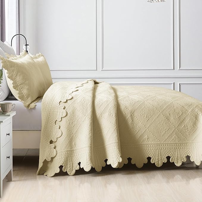 MarCielo 3-Piece 100% Cotton Oversized Bedspread Lightweight Quilt Coverlet Embroidery Farmhouse Bedding Set (Tk Beige Khaki, Oversized King (118"x106"))-Ruum Studio Home