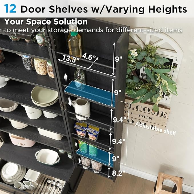 72" Farmhouse Kitchen Pantry Cabinet with Drawer, Tall Storage Cabinet with 2 Barn Doors and Shelves, Versatile Large Rustic Storage for Dining Room, Bathroom, Living Room, Black-Ruum Studio Home
