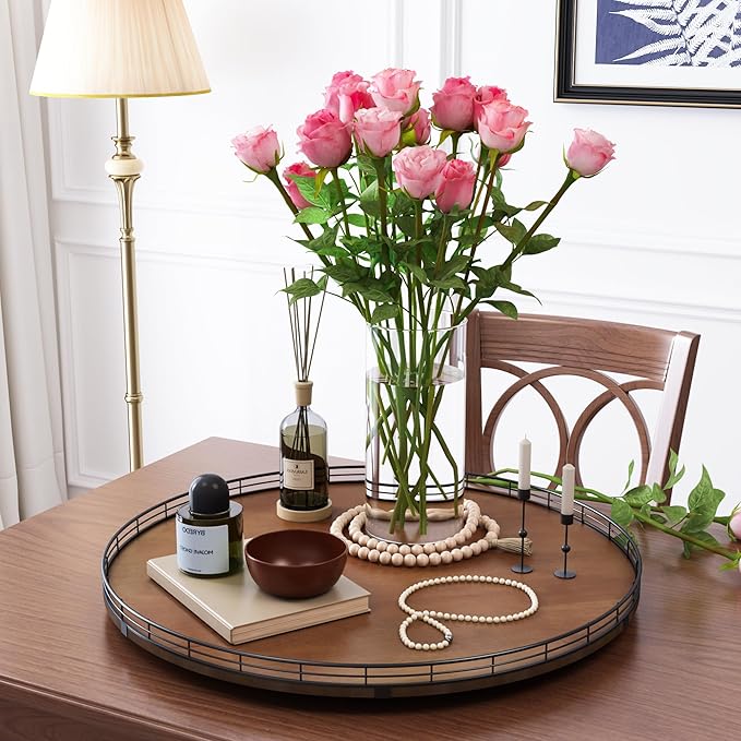 Farmhouse Oak 24" Lazy Susan Turntable Organizer for Cabinet, Round Wooden Lazy Susan Organization and Storage for Dining Table, Pantry, Kitchen, Countertop, Cupboard,Home Decor, Walnut-Ruum Studio Home