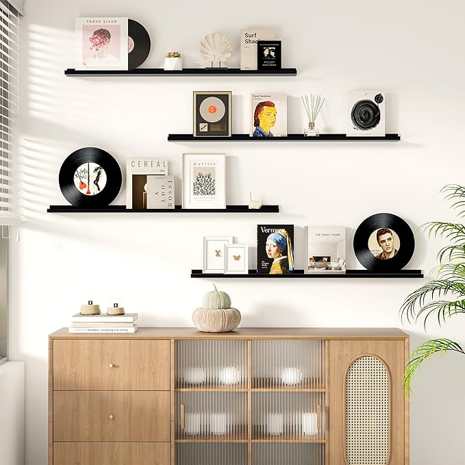Picture Ledge Shelf for Wall, Floating Shelves Set of 4, 48 Inch Long Nursery Book Shelves for Toys Storage, Kids Bookshelf Wall Mounted for Books Photo Frames, Black-Ruum Studio Home