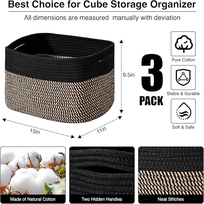 Storage Baskets for Organizing Shelves, Toy Basket for Kid's Room, Woven Cotton Rope Basket for Decor, Organizing Baskets for Bedroom Living Room, 15"x11"x9.5", 3 Packs, Black & Jute-Ruum Studio Home