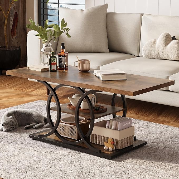 GiftGo Rustic Coffee Table with Storage Industrial 3 Tier Center Living Room Table Farmhouse Wooden Rectangle Cocktail Tea Table for Office Bedroom Elegant Full Moon Round Metal Frame (Brown, L-47)-Ruum Studio Home