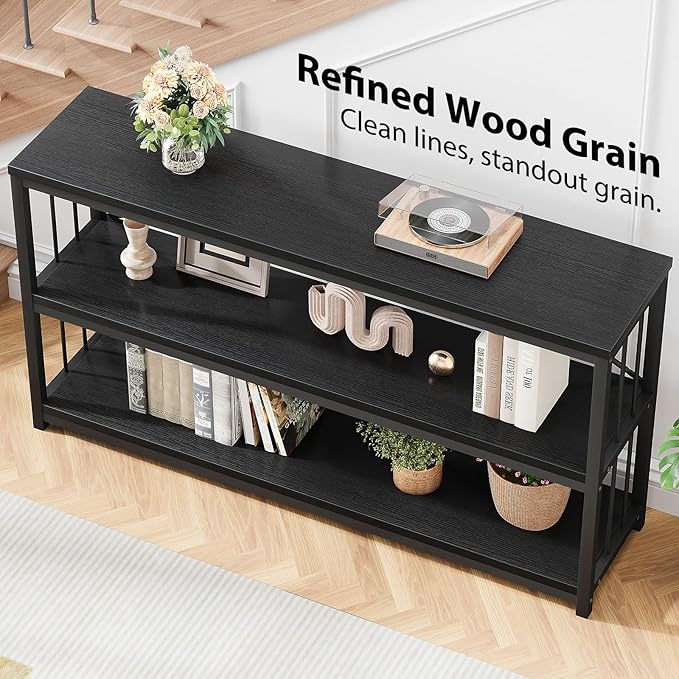 LVB Black Console Table, Modern Entryway Table for Hallway Living Room, Industrial Sofa Table Behind Couch, Farmhouse Wooden Metal Entry Table for Foyer with 3-Tier Storage Shelves, Black Oak, 55 Inch-Ruum Studio Home