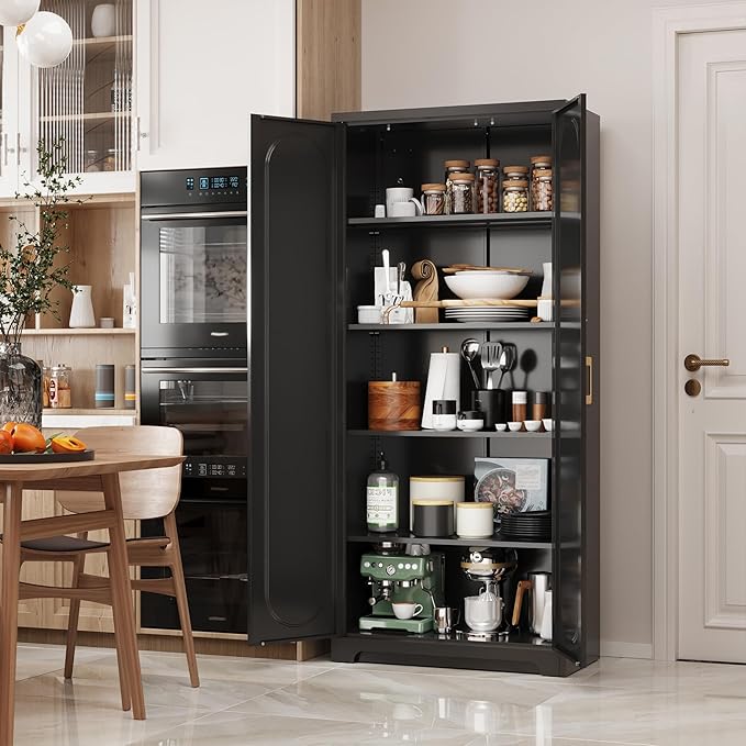 Metal Tall Black Cabinet, 71' Pantry Cabinet with Doors and 4 Adjustable Shelves, for Pantry, Laundry Room, Living Room, Dining Room-Ruum Studio Home