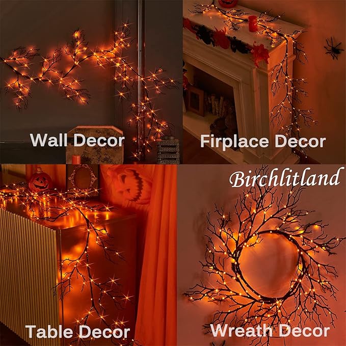 Birchlitland Halloween Lighted Garland 6FT 120L Orange and Purple Bi-Color LED Lights 8 Functions, Black Glittered Garland Lights Battery Operated for Indoor and Outdoor Halloween Party Decoration-Ruum Studio Home