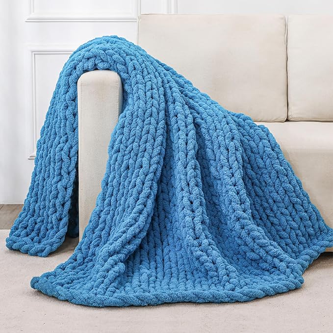 Bigacogo Chunky Knit Throw Blanket for Couch, 40x60 inches, 100% Hand Knitted with Thick Jumbo Chenille Yarn, Cozy Soft Large Rope Knot Cable Crochet Blankets for Sofa Bed Living Room, Bright Blue-Ruum Studio Home
