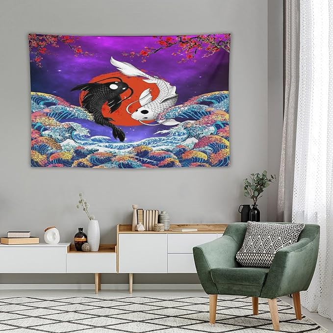 Houselerax Japanese Koi Fish Tapestry, Yin Yang Big Wave Cherry Blossom Tapestries Wall Hanging for Bedroom Living Room Office Decor 90"x60"-Ruum Studio Home