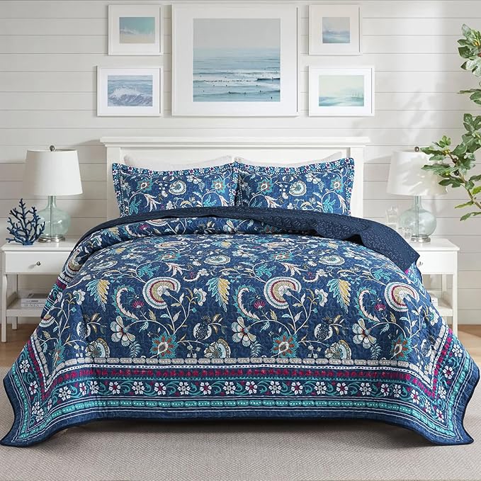 NEWLAKE Quilt Set Queen Size, Bedspread Sets Blue Botanical Floral Patterns, Reversible Quilt Bedding Set Lightweight and Breathable for All Seasons, Soft Quilted Bedspread with 2 Pillow Shams-Ruum Studio Home