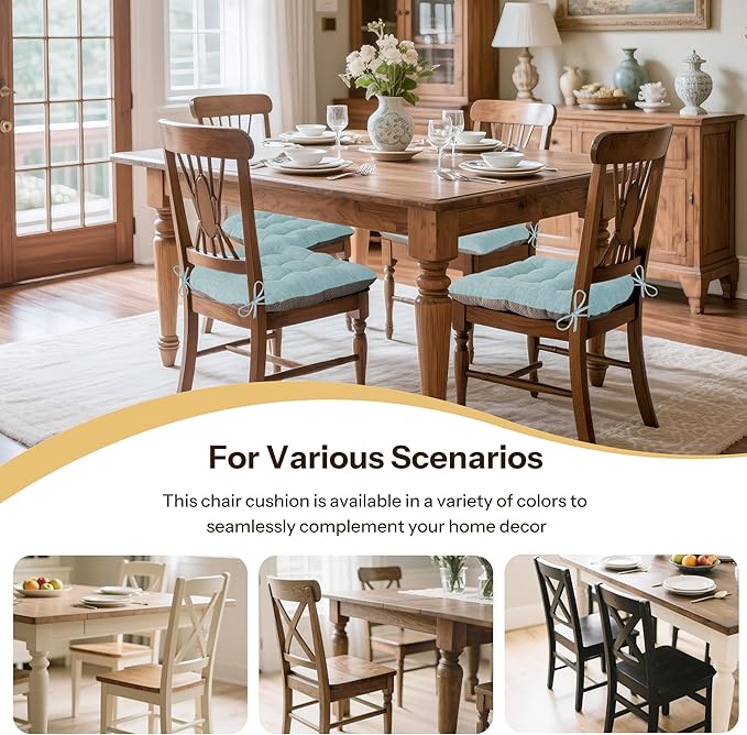 Non Slip Chair Cushions for Dining Chairs Set of 4 Kitchen Chair Cushions 18"x18"x3" Turfted Chair Pads Comfortable and Soft Seat Cushion with Ties, Aqua Blue-Ruum Studio Home