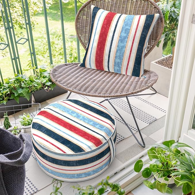 Inflatable Ottoman Stool D21 xH9 for Outdoor/Indoor Use, Water Repellent Patio Foot Rest Stool with Portable Handle,Round Pouf Ottoman Suitable for Garden,Deck and Camping - Stripe Red Blue-Ruum Studio Home