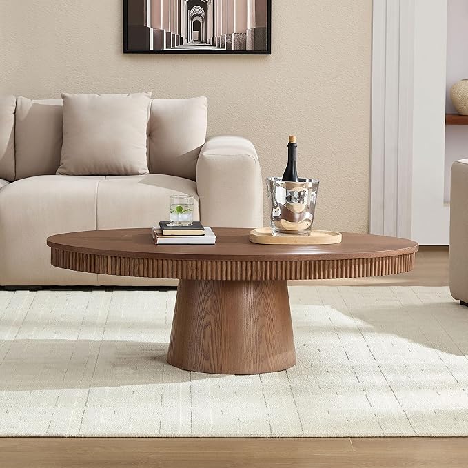 Modern Oval Coffee Table with Wood Pedestal,47.24" Farmhouse Center Table for Living Room, Ellipse Coffee Tables Tea Table for Bedroom, Apartment-Walnut-Ruum Studio Home