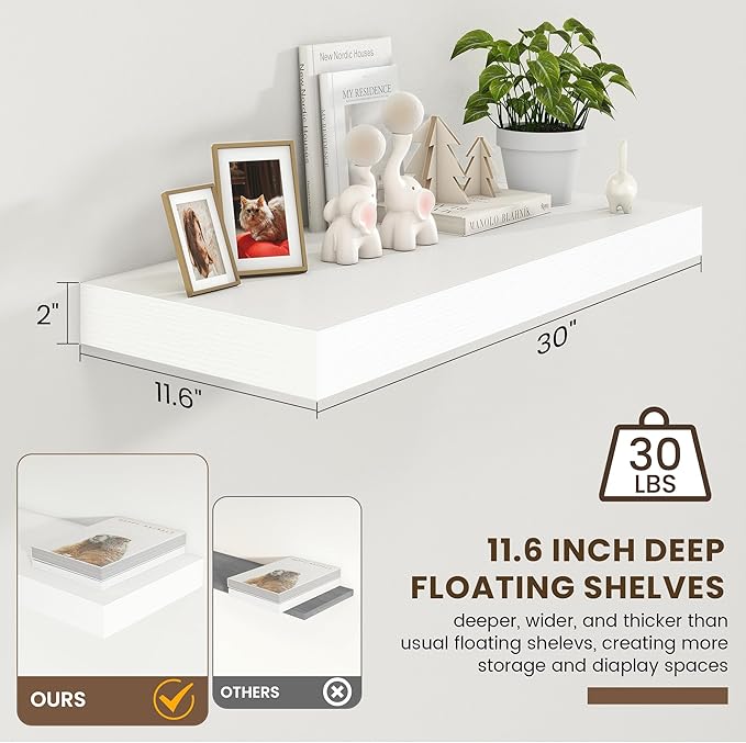 Deep Floating Shelves for Wall | 30 Inch Wide x 12 Inch White Floating Shelves | 30W x 12D Rustic Wood Wide Shelves | Deep Large Shelves for Wall | Bookshelf Laundry Shelf TV Shelf-Ruum Studio Home