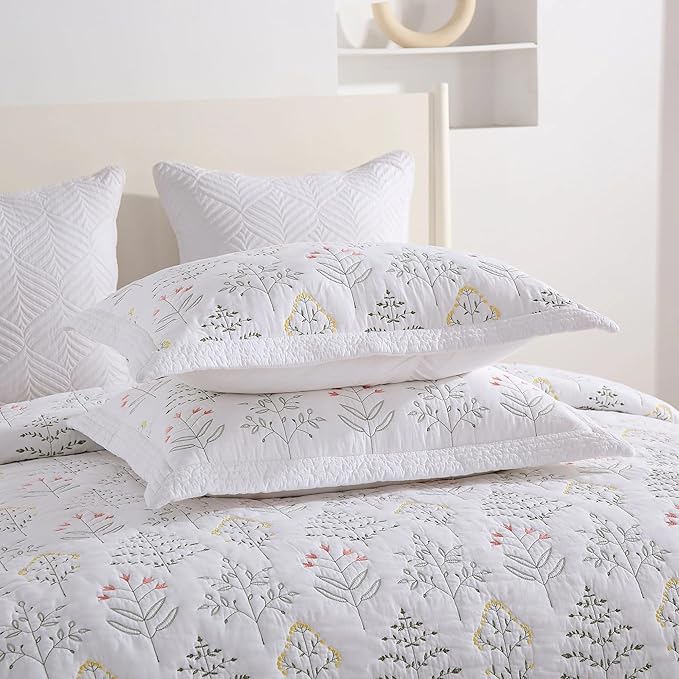 MarCielo 3-Piece 100% Cotton Oversized Bedspread Lightweight Quilt Coverlet Embroidery Farmhouse Bedding Set(TL Floral White,Oversized Queen (100"x106"))-Ruum Studio Home