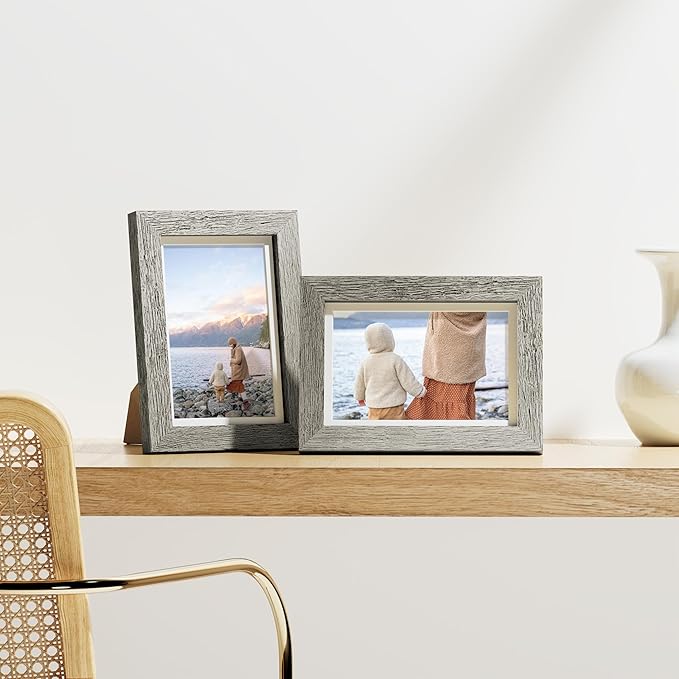 Vittanly 4x6 Picture Frames Set of 9, Shatter Resistant Plexiglass, Display 3.5x5 Pictures with Mat or 4x6 without Mat, Photo Frames for Wall or Tabletop, Engineered Wood, Grey-Ruum Studio Home