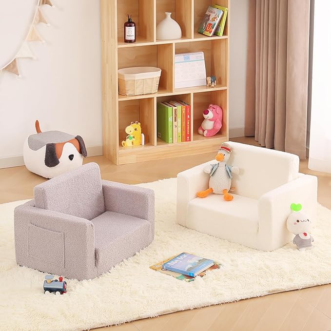 Toddler Chair Sherpa Kids Couch, 2-in-1 Soft Kids Sofa Lounger for Bedroom, Convertible Couch for Girls and Boys, Reading Chair, Beige-Ruum Studio Home
