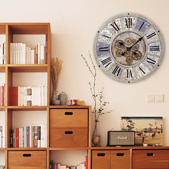 Unique Moving Gear Large Wall Clock 21inch-Battery Powered. Retro Industrial Steampunk Country Farmhouse Decor for The Living Room Kitchen Bars cafes Offices(whith/metal/21)-Ruum Studio Home