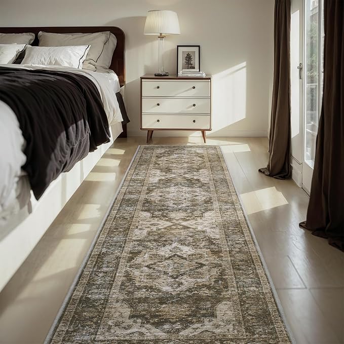 AMOAMI-2X6 Runner Rug-Washable Runners for Hallways-Soft Non Slip Bedside Rugs for Bedroom-Vintage Long Rug for Hallways Entryway Laundry Room Stair Kitchen Bathroom Light Brown/Coffee-Ruum Studio Home