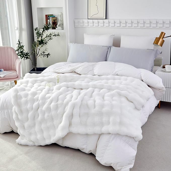 RYNGHIPY Faux Fur Throw Blanket Double Sided Thick and Warm Plush Fluffy Faux Rabbit Fur Decoration for Couch Sofa Chair and Bed Cream Winter Blanket (Ivory, 63''x79'')-Ruum Studio Home