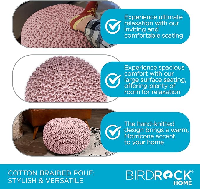 BIRDROCK HOME Round Pouf Ottoman | Cotton Braided Foot Stool with Bean Bag Filling | Boho Foot Rest for Living Room & Bedroom | Compact & Comfortable Seating, Lightweight & Soft | Dusty Rose-Ruum Studio Home
