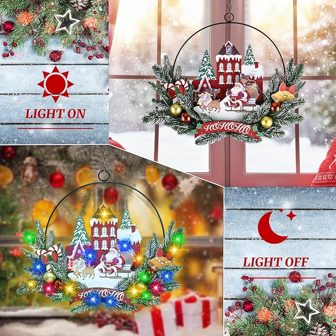 Light up Christmas Wreaths for Front Door, Welcome Metal Wooden Door Wreath Decor Hanging Sign, 30 LED Lighted Wall Decor Battery Operated for Halloween Indoor Outdoor (Santa Claus)-Ruum Studio Home