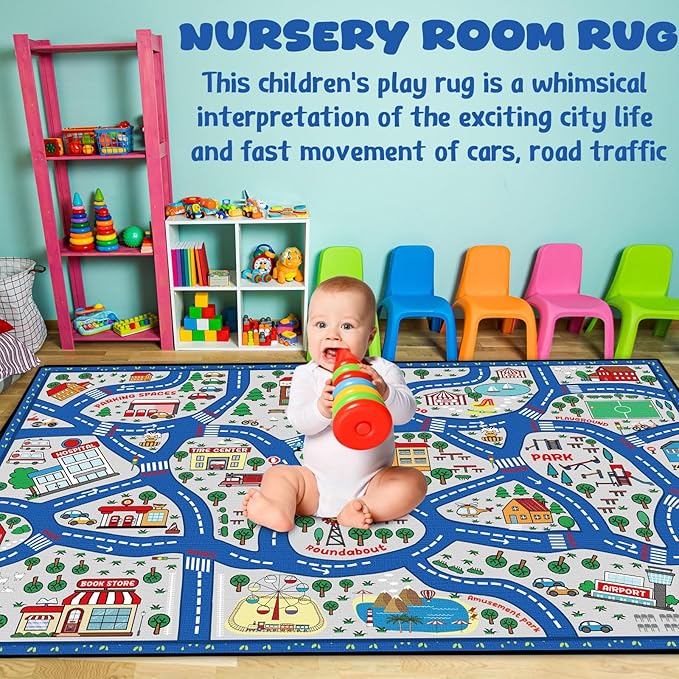 Kids Carpet Playmat Rug Player Car Rug,City Life Traffic Road Map Mat Educational Game Area Rug for Toddler Children Playroom Classroom Bedroom (Blue,6 x 9 ft)-Ruum Studio Home
