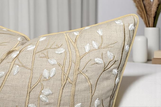 VAGMINE Embroidered Forest Throw Pillow Cover - 20x20 Inches Square - 100% Linen Natural Decorative Cushion Cover - Elegant Embroidery - Rustic Home Accent for Sofa, Bed, Couch, Farmhouse Décor-Ruum Studio Home