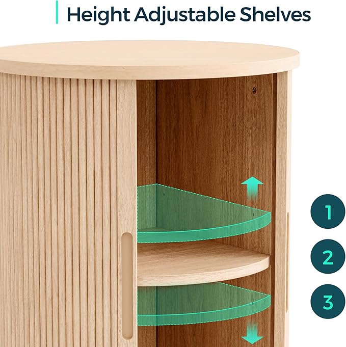 LINSY HOME Round Fluted End Table, Tall Side Table with Sliding Tambour Door and Storage Shelf, Modern Bedside Table, Mid-Century Nightstand for Living Room, Bedroom, Oak-Ruum Studio Home
