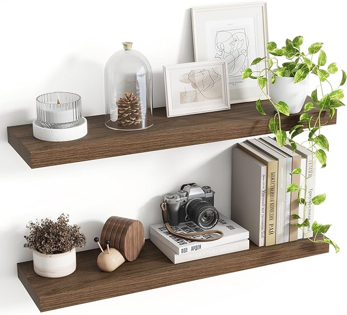 30 Inch Floating Shelves, 8 Inch Deep Floating Shelves for Wall, Hanging Shelf with Invisible Brackets, Deep Shelves for Bathroom, Bedroom, Living Room, Walnut, Set of 2-Ruum Studio Home