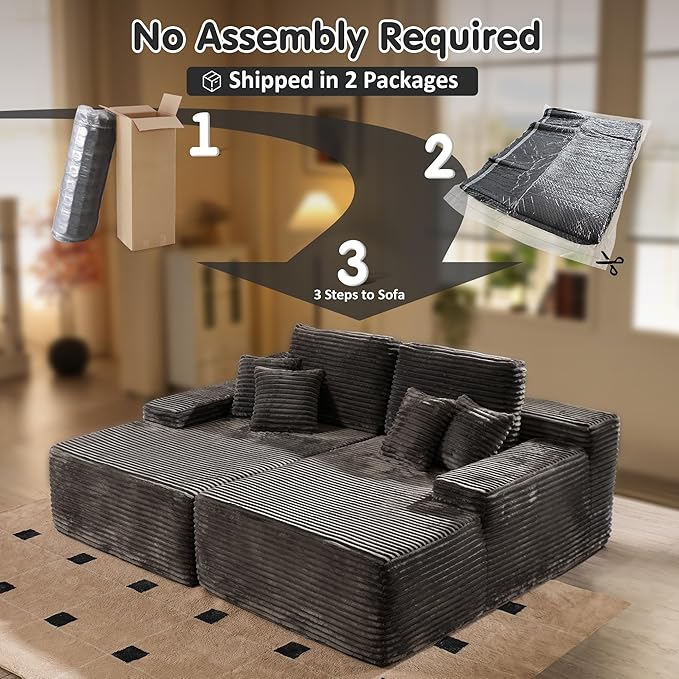 ovios 81" Oversized Sectional Double Lounge Chaise with Cloud Plush Sofa Bed, No Assembly Required, Fluffy Modern Sleeper Loveseat Chair for Indoor Living Room Bedroom Reading, Grey (Plush Fabric)-Ruum Studio Home