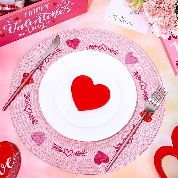 Whaline 4Pcs Round Valentine Placemats Red Pink Heart Embroidered Place Mats Decorative Dinner Table Mats for Home Wedding Anniversary Party Decor-Ruum Studio Home