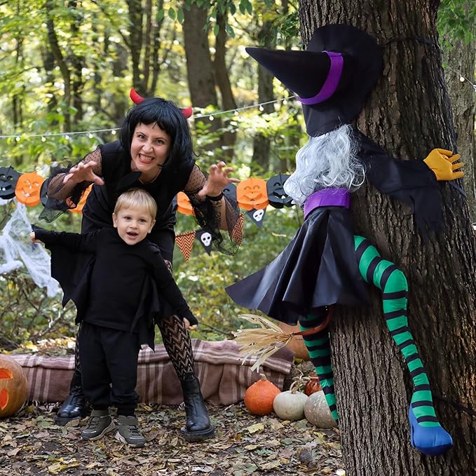 POPGIFTU 63" Crashing Witch Halloween Decoration – Flying Witch on Broom Into Tree Outdoor Yard Prop for Porch, Lawn, Garden, Pillars, Door, or Haunted House Decor-Ruum Studio Home