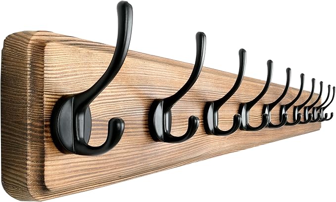 Dseap Wall Mounted Coat Rack: 38-1/4" Long, Patented, Heavy-Duty, 10-Double-Hooks Wooden Hanger Rail for Winter Coats, Hat, Jacket, Clothing - Natural & Black-Ruum Studio Home