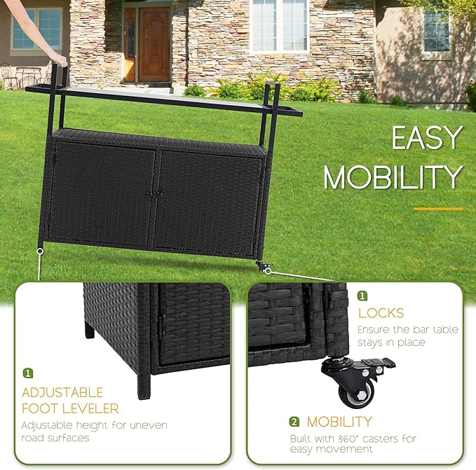 Wicker Outdoor Bar Cart - Black Patio Console Storage Table Buffet Cabinet Serving Kitchen Cart with Wheels for Outside Backyard-Ruum Studio Home