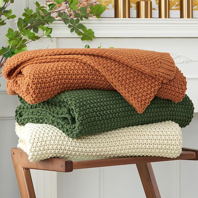 Longhui bedding Chunky Cable Knit Throw Blanket Lightweight Olive Green 100% Organic Cotton Blanket for Sofa Couch Bed Baby Nursery, Rustic Shabby Chic Modern Farmhouse, 60” x 80” Give Laundering Bag-Ruum Studio Home