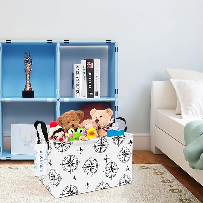 LANGYASHAN Rectangular Storage Bin Collapse Canvas Fabric Cartoon Storage Basket with Handles for Organizing Home Kitchen Boys and Girls Toys Office Closet Shelf Baskets (Rec Black Compass)-Ruum Studio Home