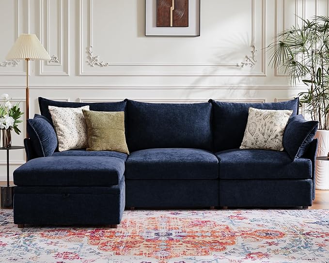 102.6" Modular Sectional Sofa, Oversized 3-Seater Blue Couch with Removable Chenille Fabric Cover, Deep Seat & High Backrest for Living Room, Office & Apartment-Ruum Studio Home