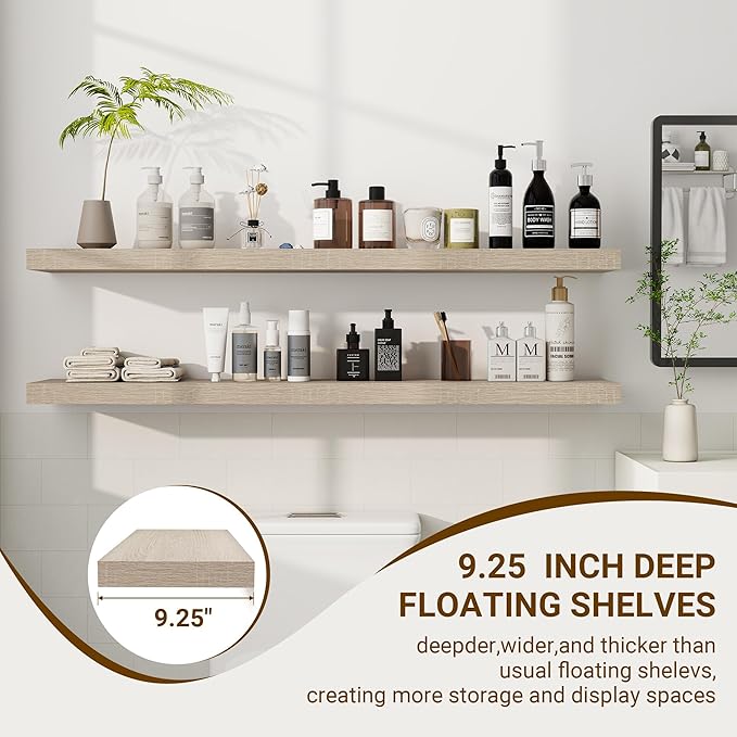 48 Inch Floating Shelves, 3D Textured Wood Grain, 48"x9.25"x1.5" Inch Deep Floating Shelves for Wall, Wooden Shelves for Bathroom, Bedroom, Living Room, Vintage White Oak-Ruum Studio Home