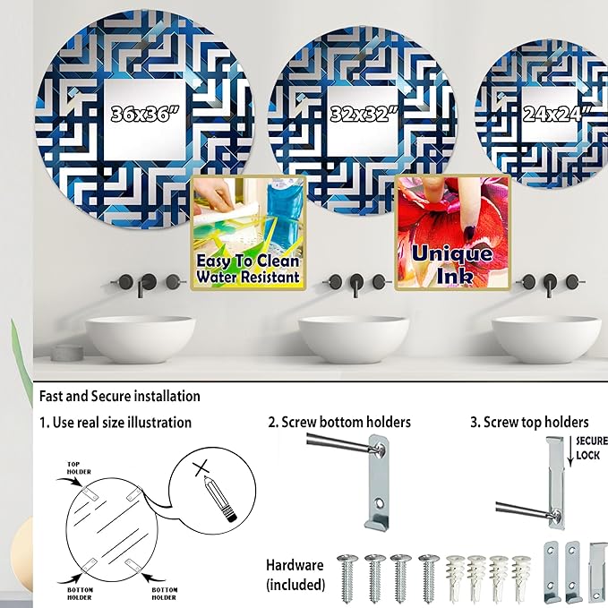 Symmetric Cubes in Deep Cobalt Blue - Geometric Maze - 24 Inches - Round Decorative Wall Mirror for Bathroom, Bedroom, Entryway, Living Room, Vanity Room and Modern Décor-Ruum Studio Home