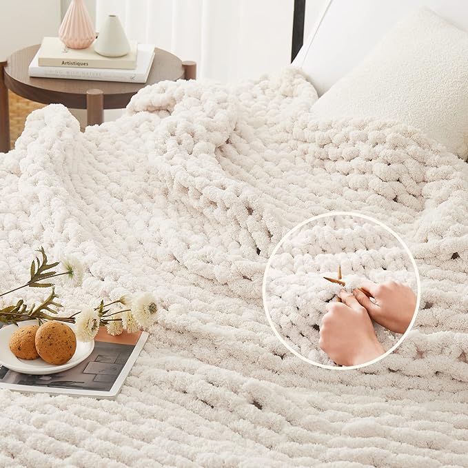 L'AGRATY Chunky Knit Blanket - Soft Chenille Yarn Throws 40x50: Handmade Thick Cable Crochet Blanket - Large Chunky Yarn Rope Knot Throw for Couch, Sofa, Bed Home Decor-Ruum Studio Home