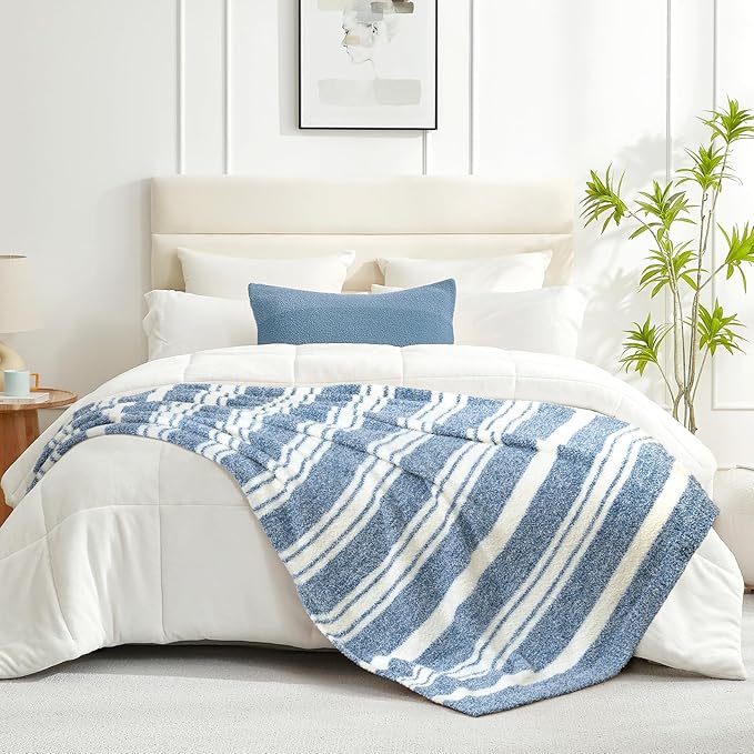 Snuggle Sac Stripe Blue Blankets Luxurious Microfiber Fabric, Reversible Super Soft Bedding Blankets Warm Cozy Knit Fuzzy Plush Blanket for Bed,Couch,Sofa,Living Room, Blue Stripe,60x80 inches-Ruum Studio Home