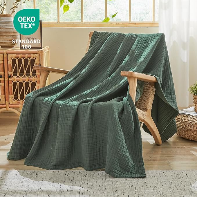 EMME Cotton Muslin Queen Blanket Bed Layering Breathable Gauze Blanket Soft Lightweight Blankets Adults (Forest Green, 90"x90")-Ruum Studio Home