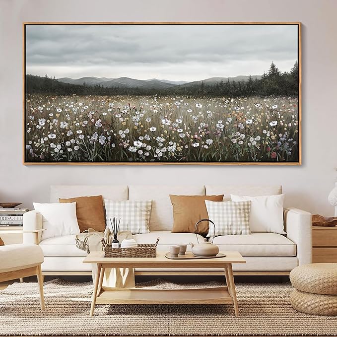 HGUAOA Vintage Landscape Wall Art for Bedroom and Living Room - Large Floral Artworks Farmhouse Wall Decor - Framed Neutral Nature Pictures - Above Bed Wall Decor with Mountain Scenery 29×58IN-Ruum Studio Home