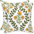 Alysheer Floral Embroidered Summer Decorative Throw Pillow Covers 18"x 18" Set of 2, Farmhouse Cottage Orange Flowers Green Leaves Knit Patterned Cotton Canvas Cushion Case for Couch Bed Living Room-Ruum Studio Home