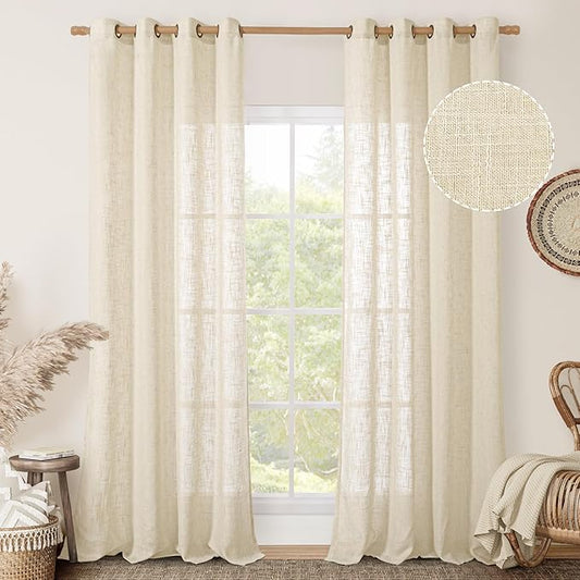 LAMIT 102 inches Long Sheer Linen Curtains, Linen Textured Light Filtering Semi Sheer Bronze Grommet Natural Boho Drapes for Living Room/Farmhouse, 2 Panels, Beige, 52 x 102 Inch-Ruum Studio Home
