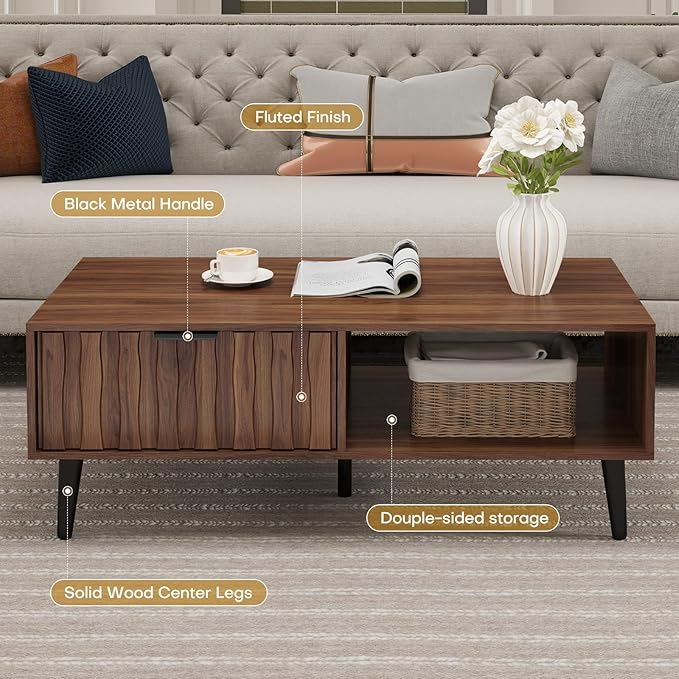 Mid Century Modern Coffee Table with Grooved Drawers & Open Storage, 47" MDF Walnut Wood Center Table with Black Solid Wood Legs, Retro Living Room Furniture-Ruum Studio Home