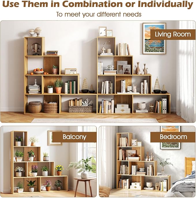 Tangkula 4-Tier Stepped Bookshelf, Freestanding 6 Cubes Ladder Bookcase with Anti-Tipping Kits, 64" Tall Modern Wooden Storage Display Rack for Home Office Living Room Study (1, Natural)-Ruum Studio Home