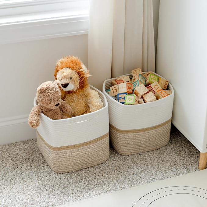 NaturalCozy Storage Cubes 11 Inch Cotton Rope Woven Baskets for Organizing, 3-Pack | Cube Storage Bin | Square Storage Baskets for Shelves Organizer, Classroom, Kids Toy Bins, Closet, Baby Nursery-Ruum Studio Home