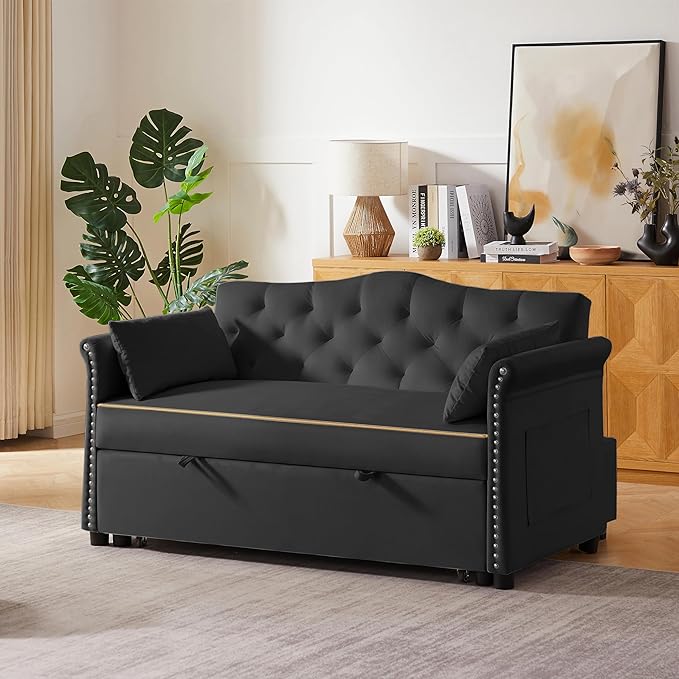 58" Velvet Sofa Bed, 3-in-1 Convertible Pull-Out Sleeper Sofa & Couch with Storage Bag and Adjustable Backrest,Perfect for Small Spaces, Living Room, or Office-Ruum Studio Home