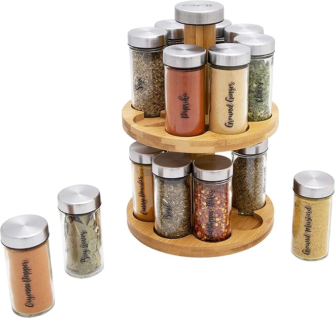 Orii 16 Jar Spice Rack with Spices Included - Rotating Countertop 2 Tier Tower Organizer for Kitchen Spices and Seasonings, (Bamboo Wood)-Ruum Studio Home
